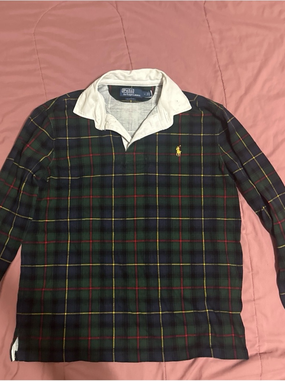 Ralph Lauren Green Tartan Rugby Shirt with White Collar